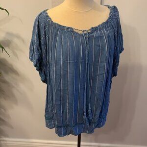 My Style Blue And White Striped Lace Accents Summer Blouse